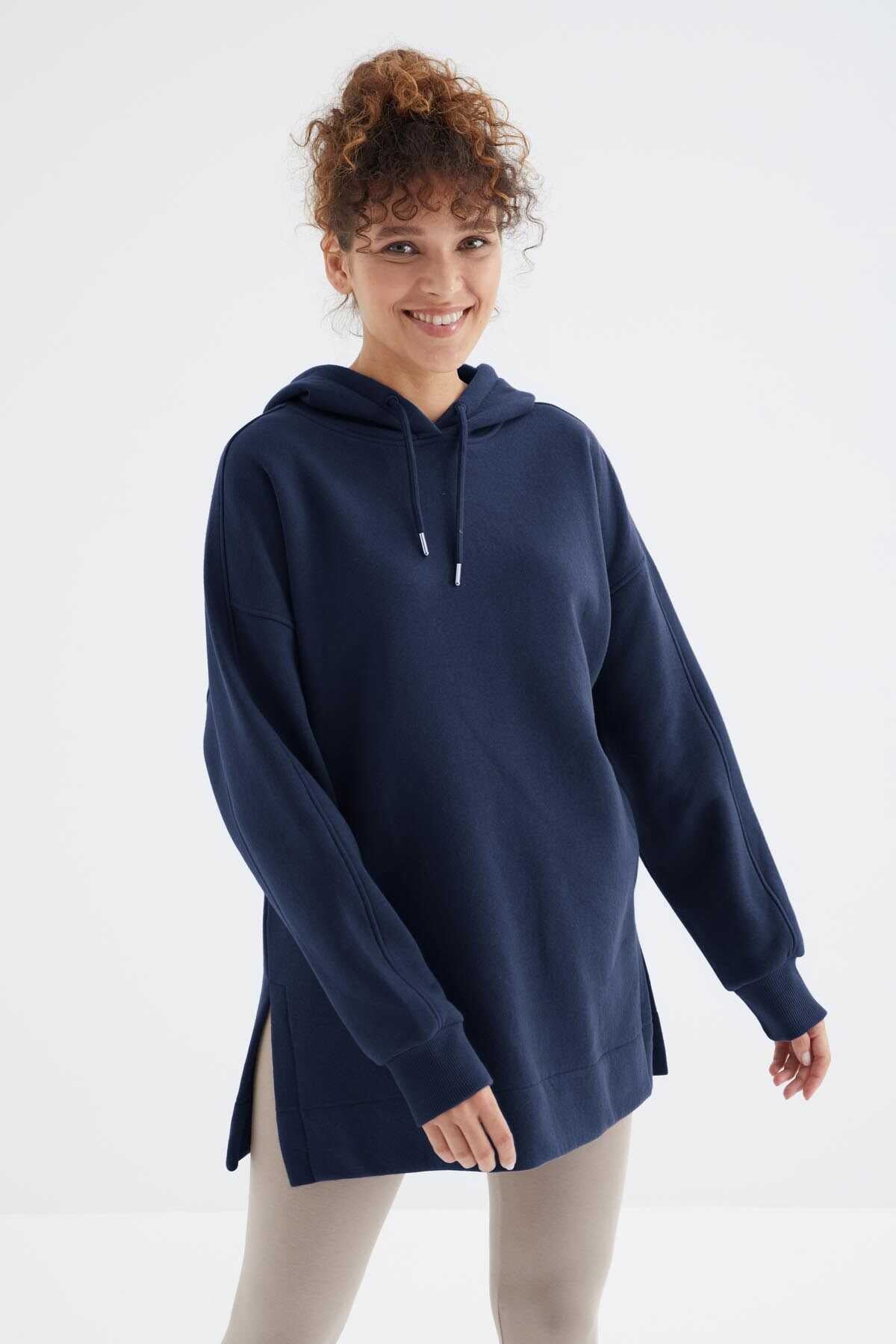 Tommylife Wholesale Indigo Raglan Sleeve Basic Hooded Oversize Tunic - 97242