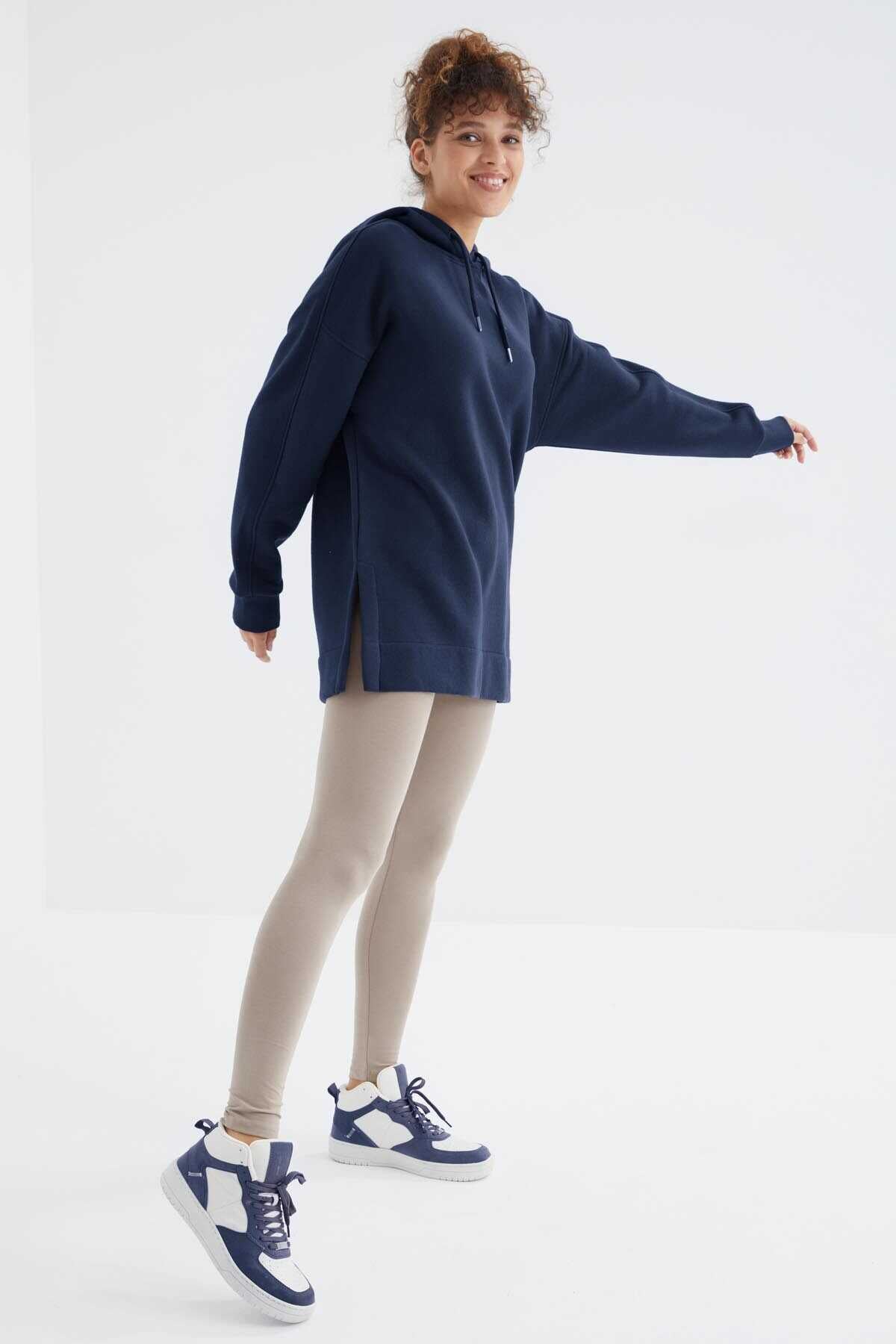 Tommylife Wholesale Indigo Raglan Sleeve Basic Hooded Oversize Tunic - 97242