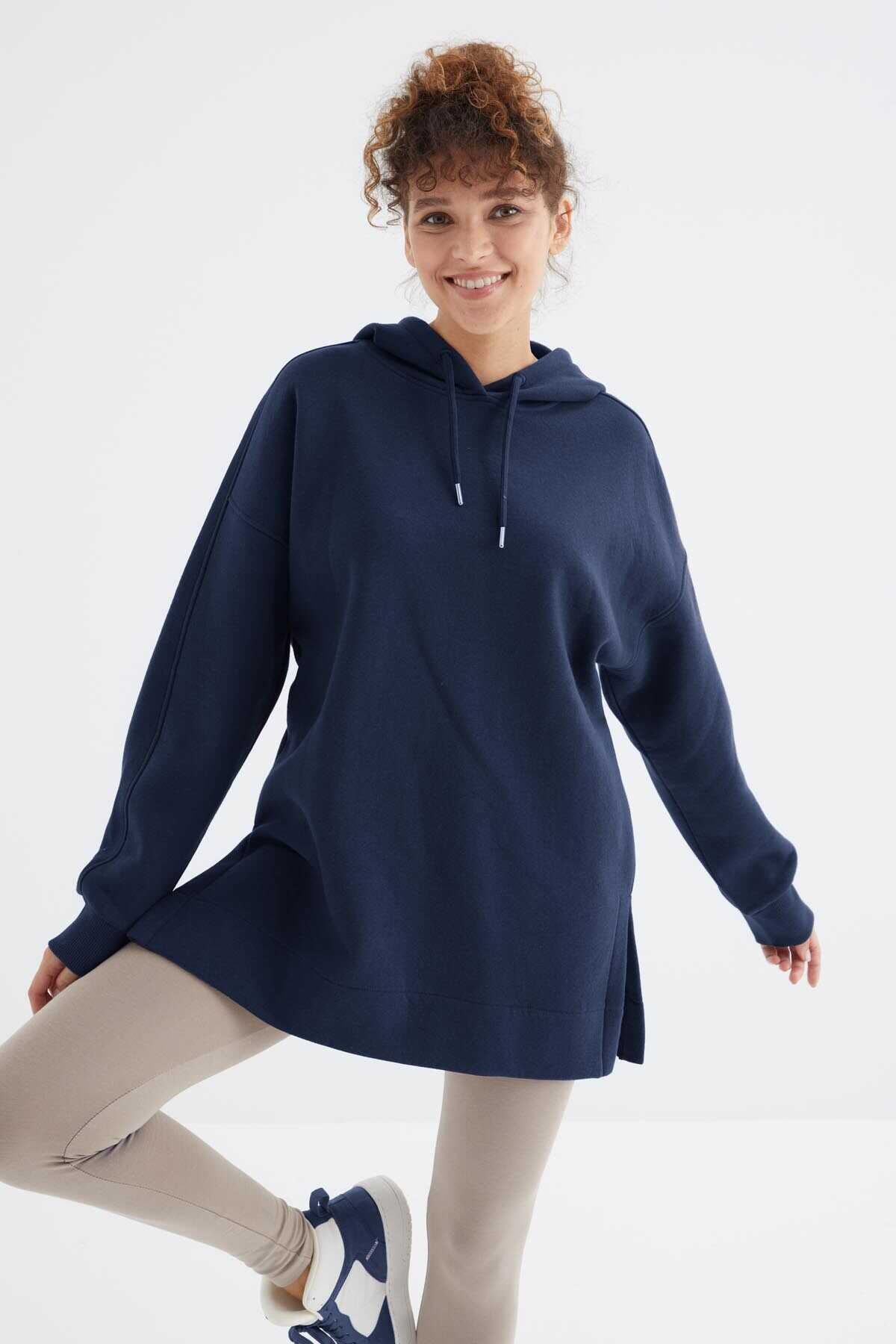 Tommylife Wholesale Indigo Raglan Sleeve Basic Hooded Oversize Tunic - 97242