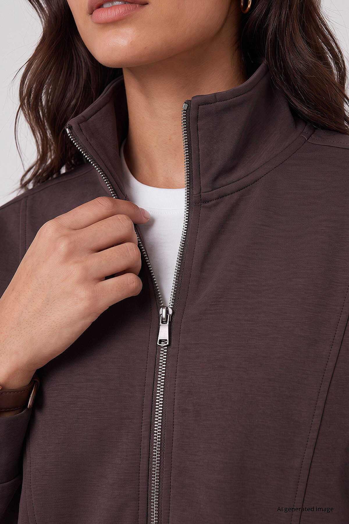 Tommylife Toptan Kahverengi Dik Yaka Standart Kalıp Crop Kadın Sweatshirt - 97317