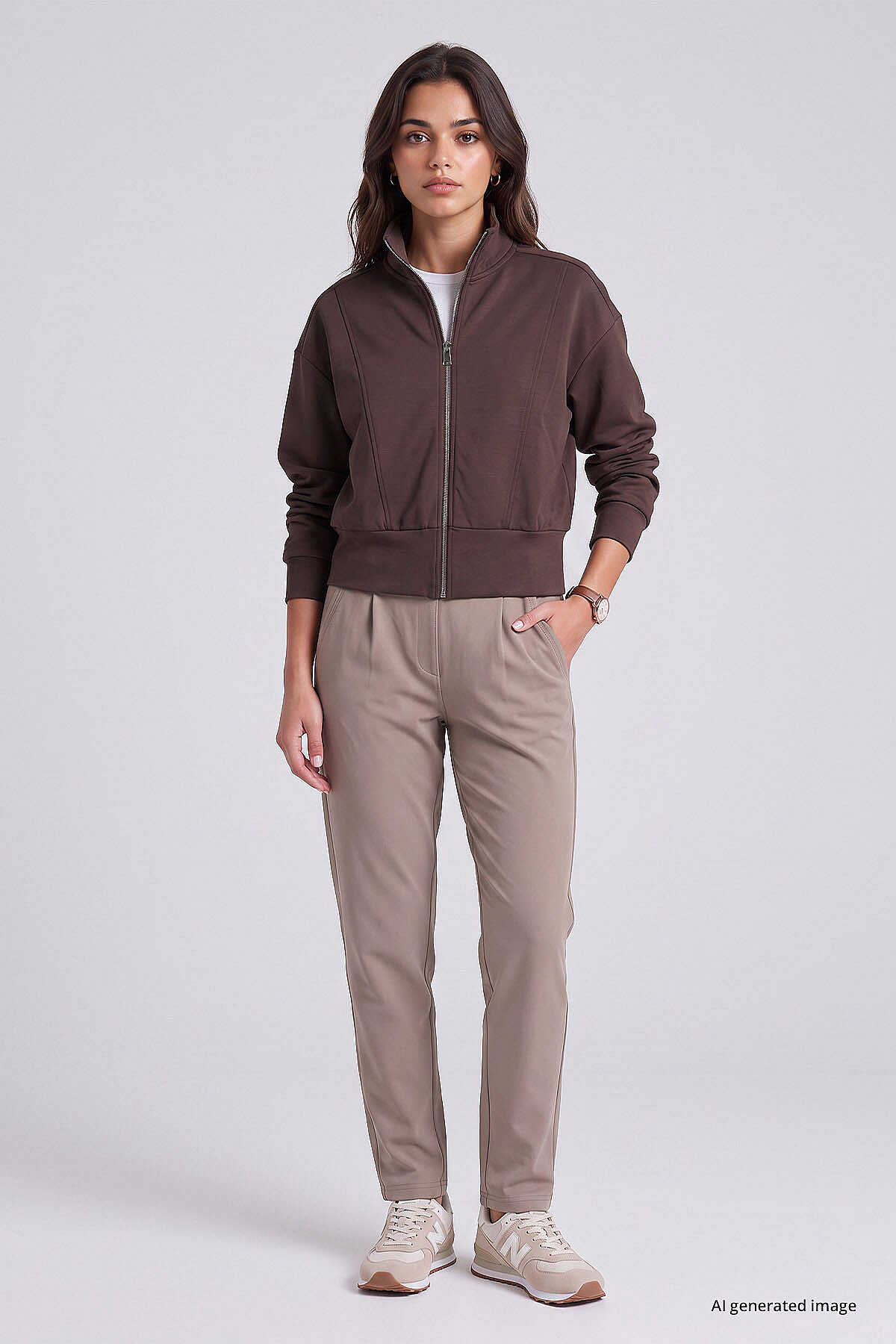 Tommylife Toptan Kahverengi Dik Yaka Standart Kalıp Crop Kadın Sweatshirt - 97317