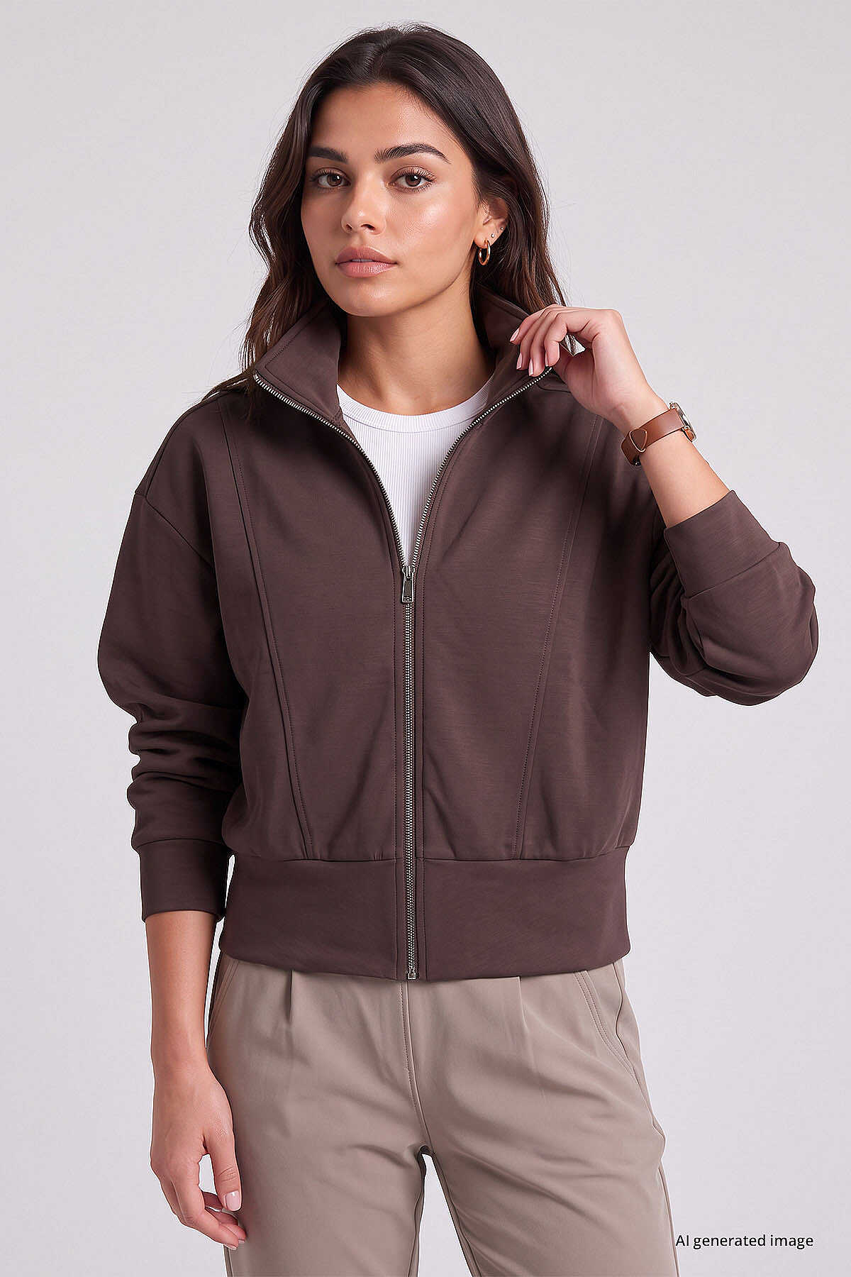 Tommylife Toptan Kahverengi Dik Yaka Standart Kalıp Crop Kadın Sweatshirt - 97317