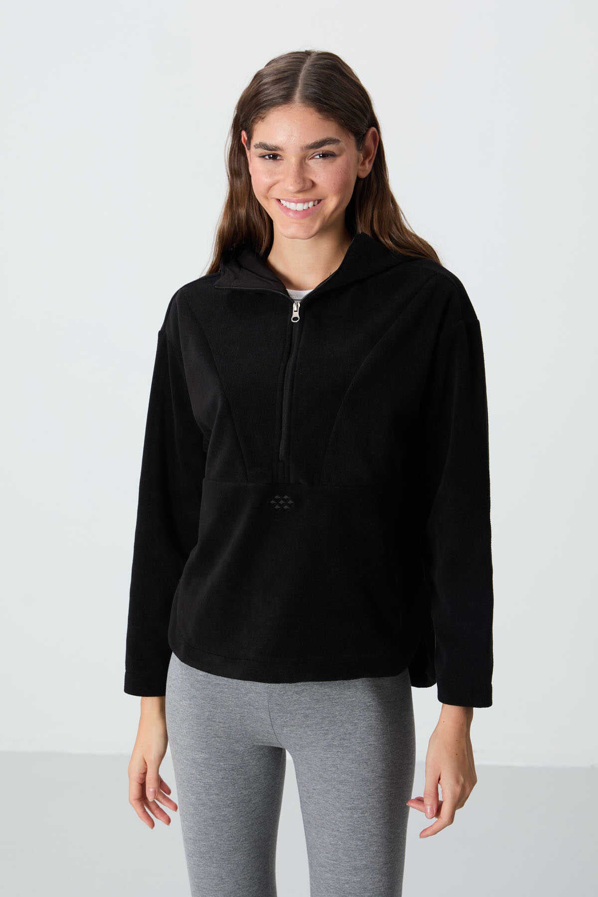 Tommylife Toptan Kapüşonlu Oversize Kadın Polar Sweatshirt 97286 Siyah