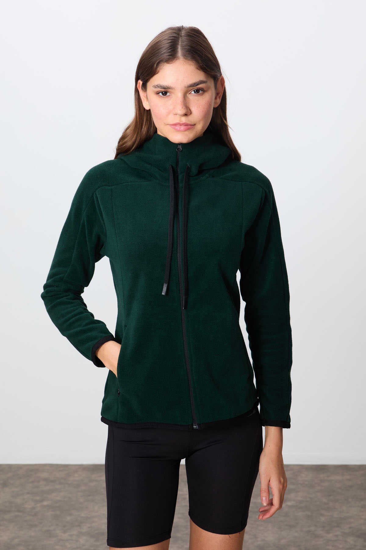 Tommylife Toptan Kapüşonlu Standart Kalıp Fermuarlı Kadın Polar Sweatshirt 97287 Çam Yeşili