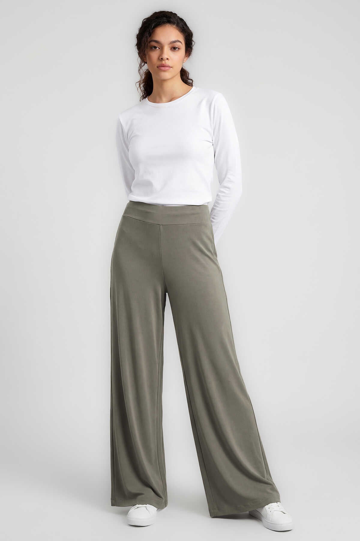 Pantaloni damă Tommylife, cu croială largă, bej închis, cu corset Palazzo, en-gros - 94681