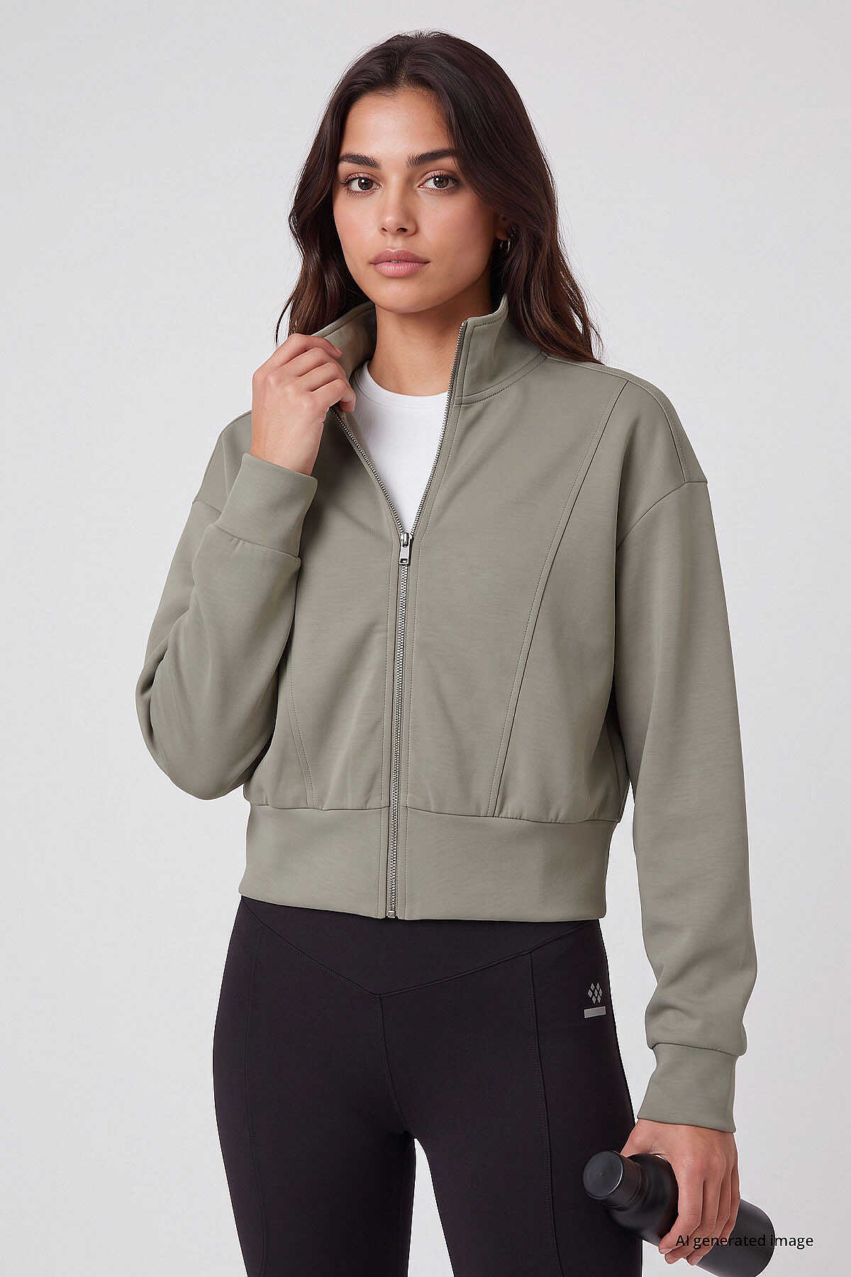 Tommylife Toptan Koyu Bej Dik Yaka Standart Kalıp Crop Kadın Sweatshirt - 97317
