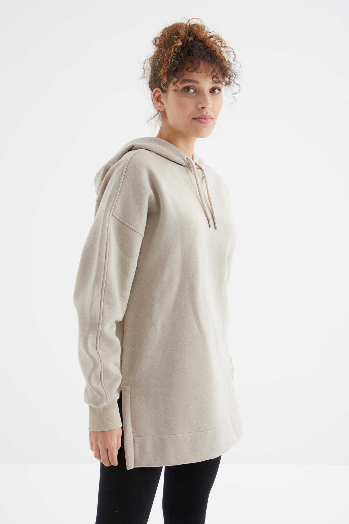Tommylife Toptan Koyu Bej Reglan Kol Basic Kapüşonlu Oversize Tunik - 97242