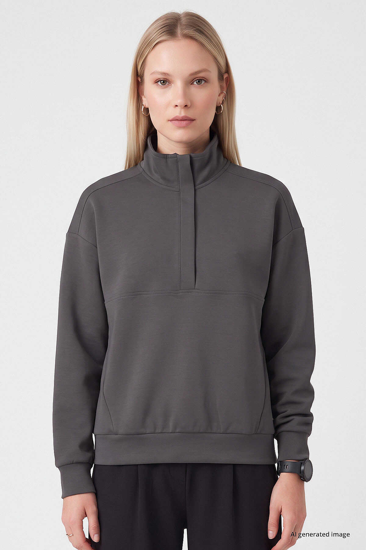 Tommylife Toptan Koyu Gri Dik Yaka Fermuarlı Rahat Form Kadın Sweatshirt - 97314