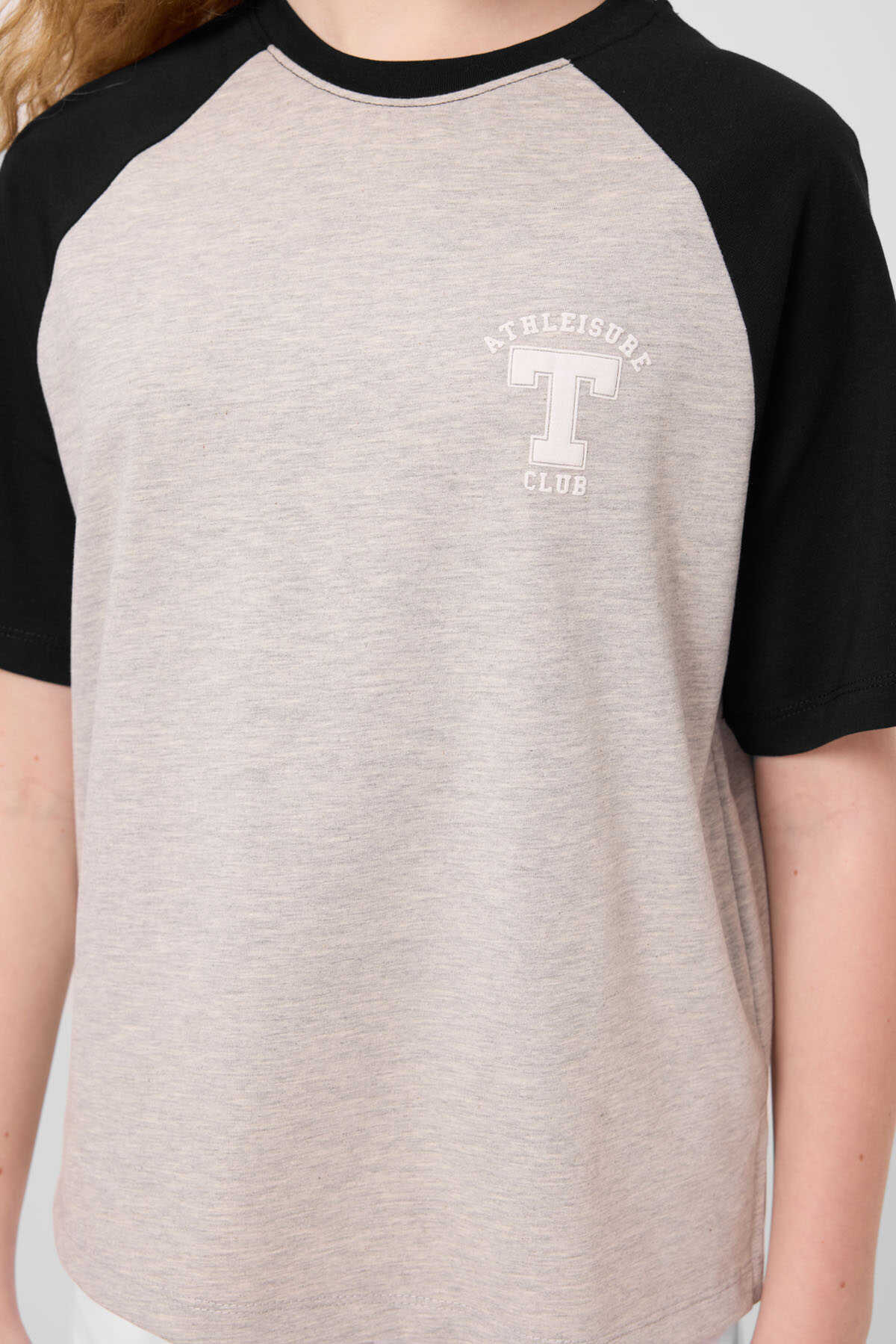 Tommylife Toptan O Yaka Pamuklu Baskılı Oversize Fit Kız Çocuk T Shirt 75179 Gri Melanj