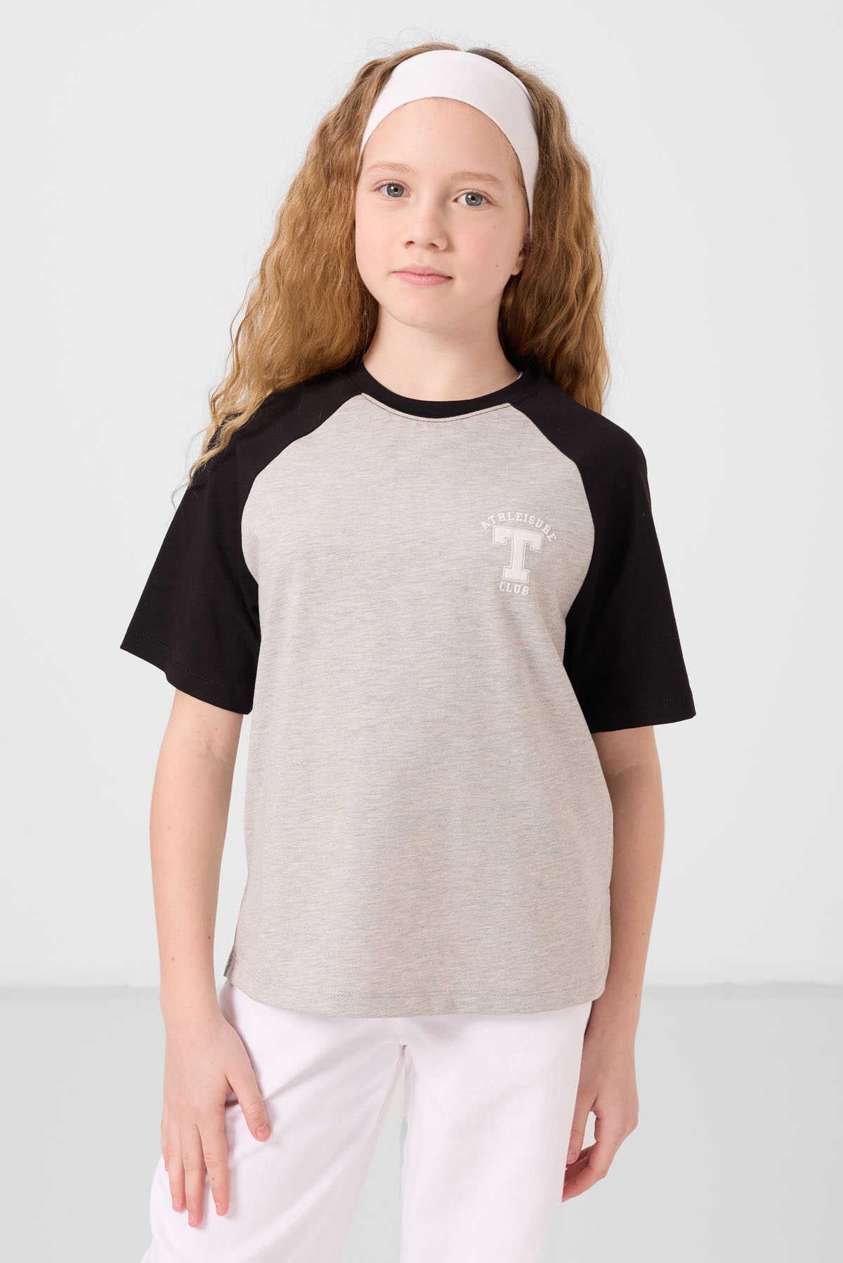Tommylife Toptan O Yaka Pamuklu Baskılı Oversize Fit Kız Çocuk T Shirt 75179 Gri Melanj