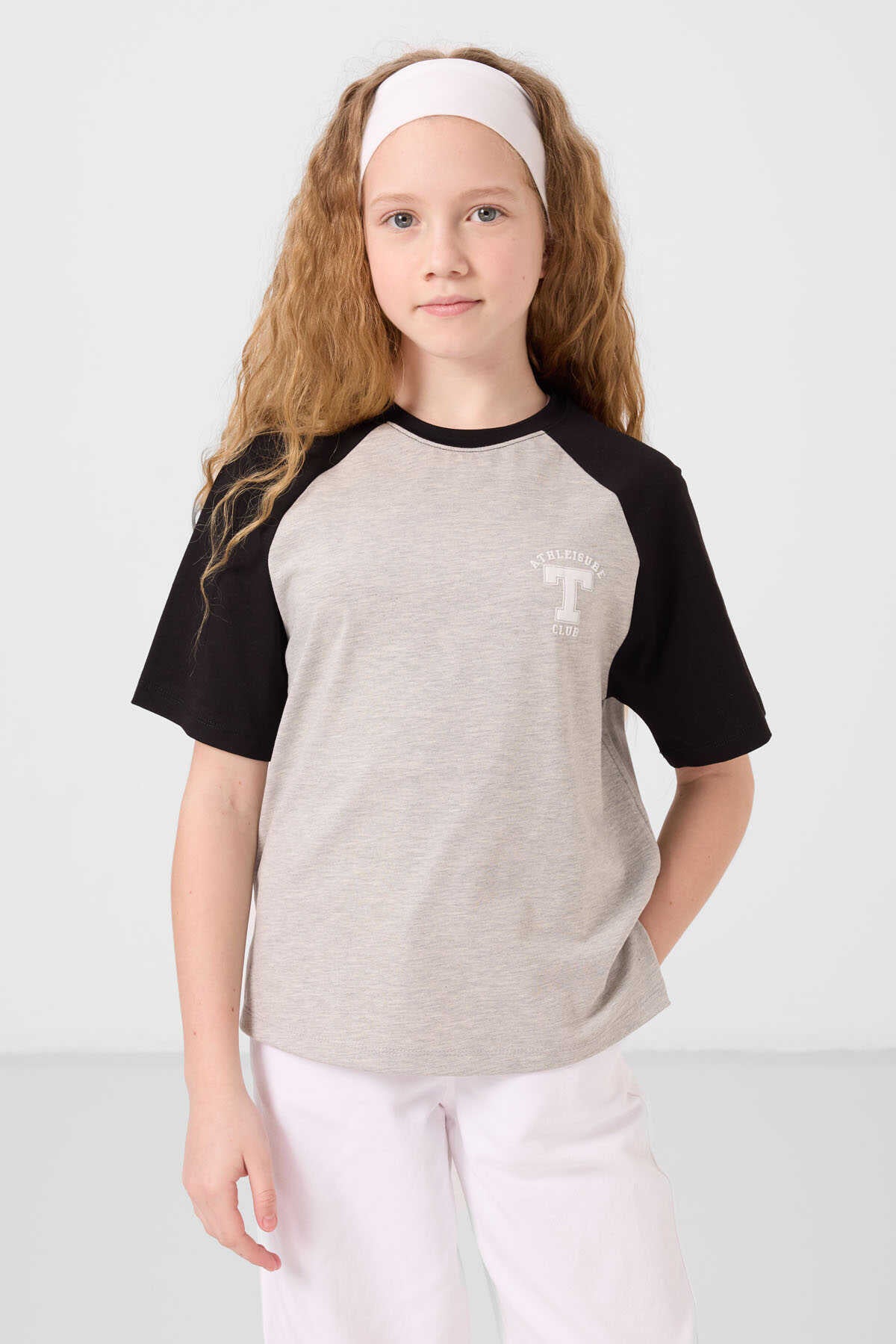 Tommylife Toptan O Yaka Pamuklu Baskılı Oversize Fit Kız Çocuk T Shirt 75179 Gri Melanj