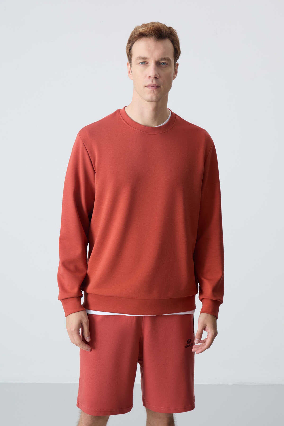 Tommylife Toptan O Yaka Rahat Form Basic Erkek Sweatshirt 88053 Kiremit