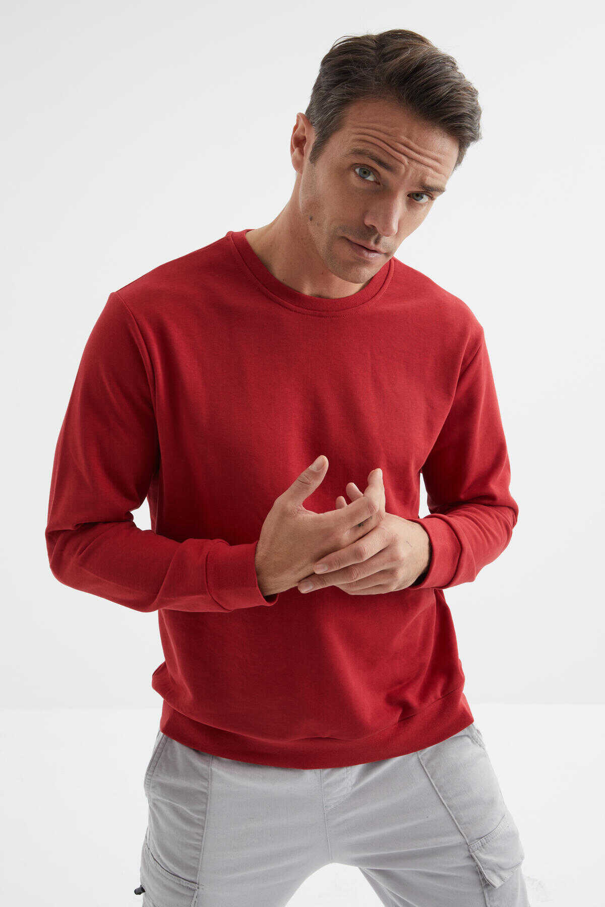 Tommylife Toptan O Yaka Rahat Form Basic Erkek Sweatshirt 88053 Kırmızı