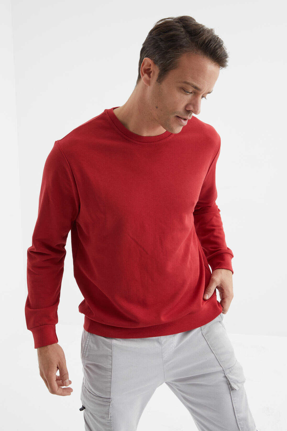 Tommylife Toptan O Yaka Rahat Form Basic Erkek Sweatshirt 88053 Kırmızı