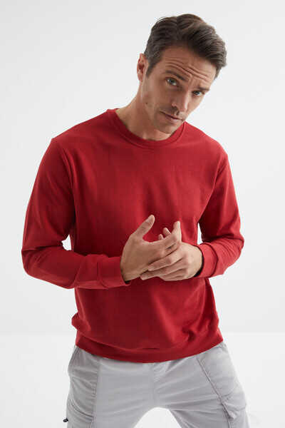 Tommylife Toptan O Yaka Rahat Form Basic Erkek Sweatshirt 88053 Kırmızı