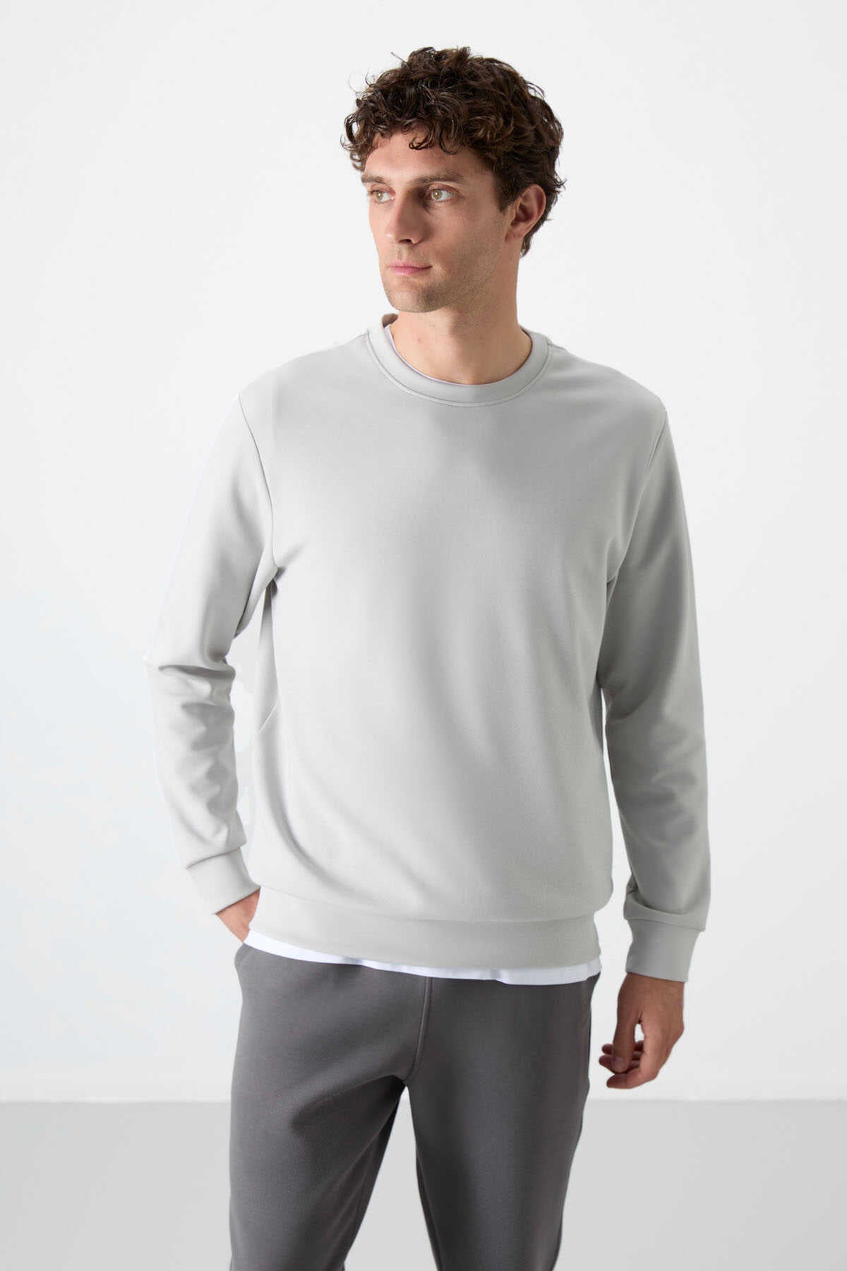 Tommylife Toptan O Yaka Rahat Form Basic Erkek Sweatshirt 88053 Taş