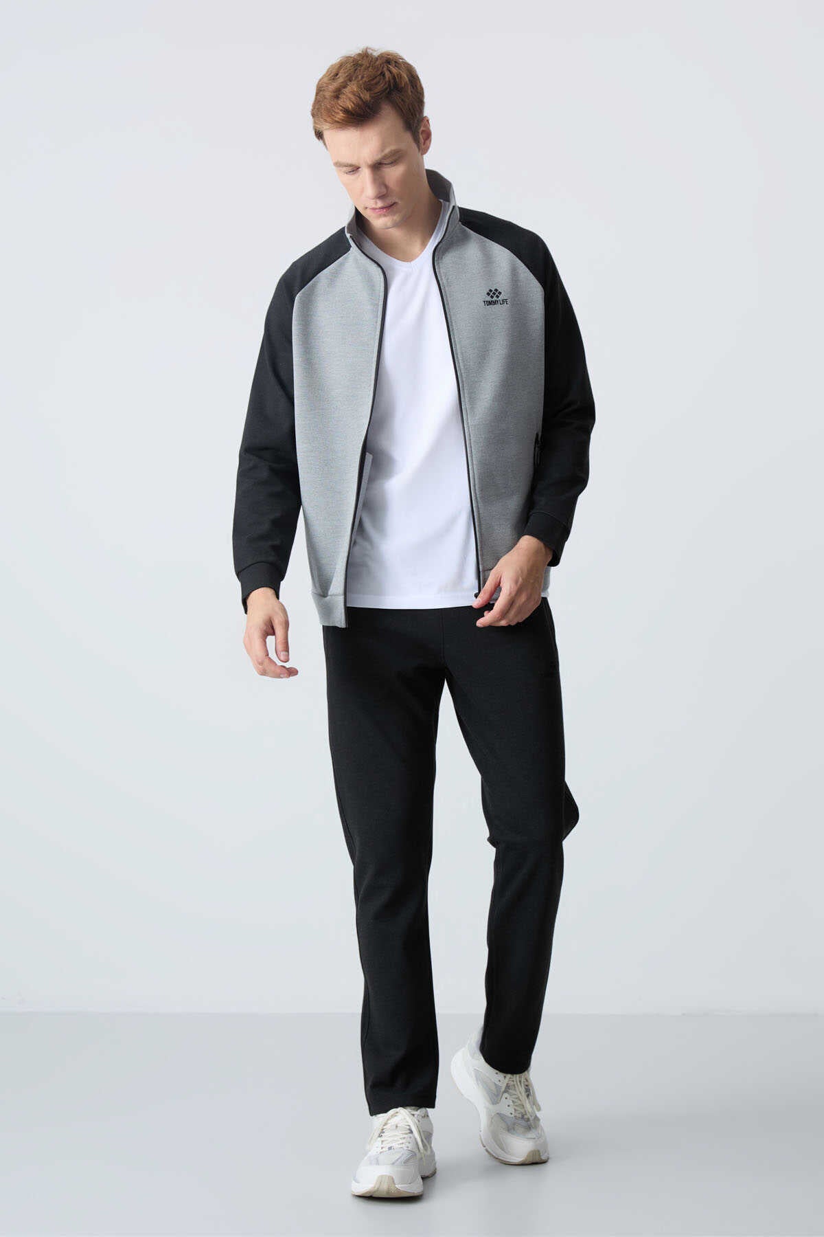Tommylife Angro Confortabil Croit Guler Vertical Clasic Croit Bărbat Trening Complet 85113 Gri Melanj - Negru