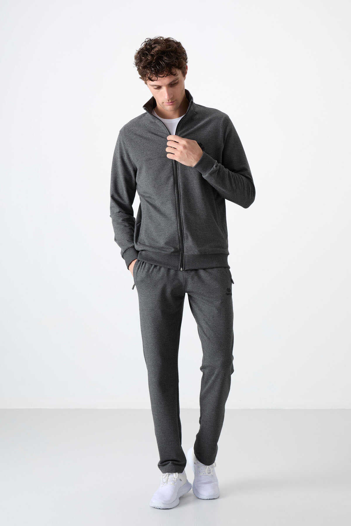 Tommylife Toptan Rahat Kalıp Fermuarlı Sweat Erkek Eşofman Takım 85072 Antrasit Melanj