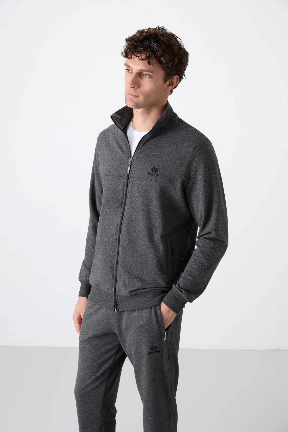 Tommylife Toptan Rahat Kalıp Fermuarlı Sweat Erkek Eşofman Takım 85072 Antrasit Melanj