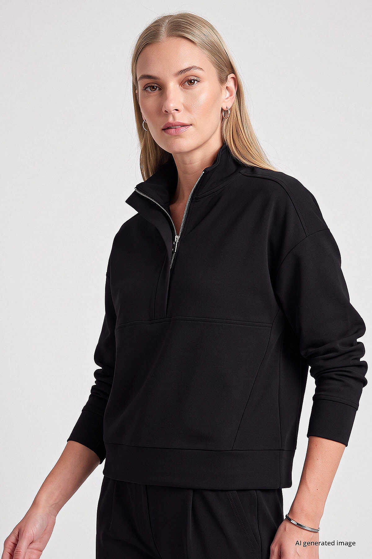 Hanorac de damă Tommylife Wholesale, negru, cu guler înalt și fermoar, croială relaxată - 97314
