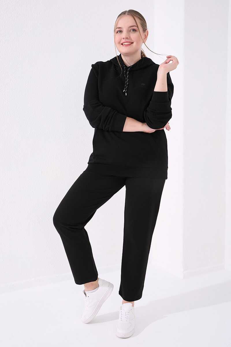 Pantaloni de trening negri cu tiv clasic și detalii cu pietre, Tommylife Wholesale, mărime mare, pentru femei - 94040