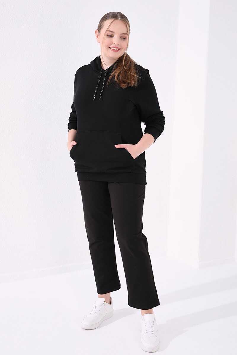 Pantaloni de trening negri cu tiv clasic și detalii cu pietre, Tommylife Wholesale, mărime mare, pentru femei - 94040