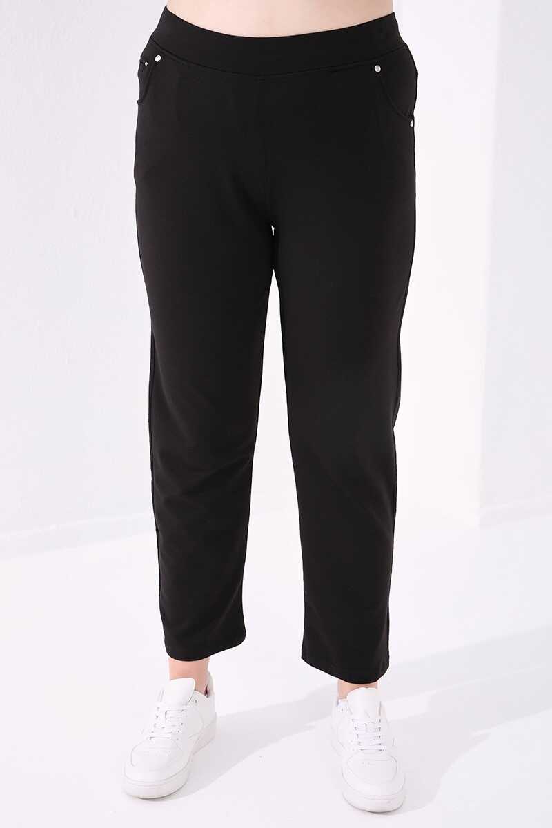 Pantaloni de trening negri cu tiv clasic și detalii cu pietre, Tommylife Wholesale, mărime mare, pentru femei - 94040