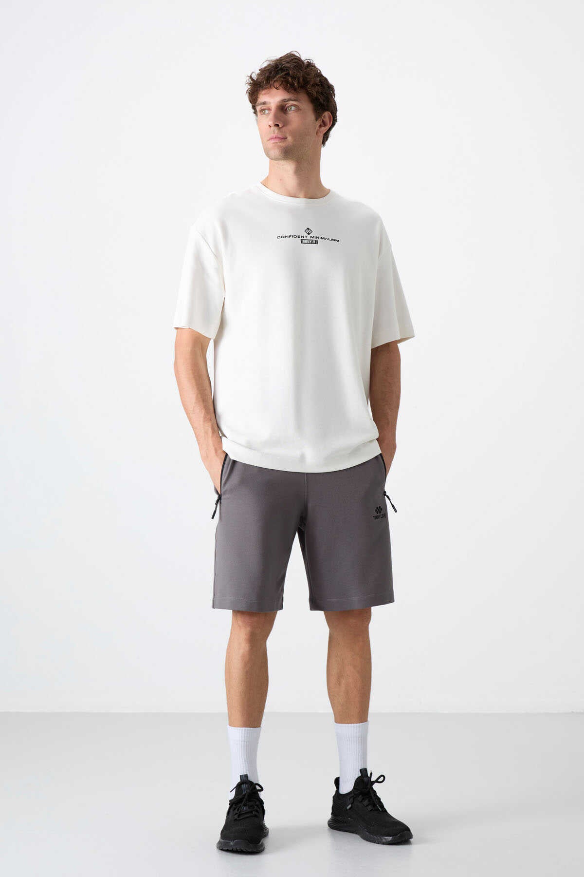 Tommylife Toptan Standard Fit Basic Barbati Pantalon Scurt 81136 Gri Inchis