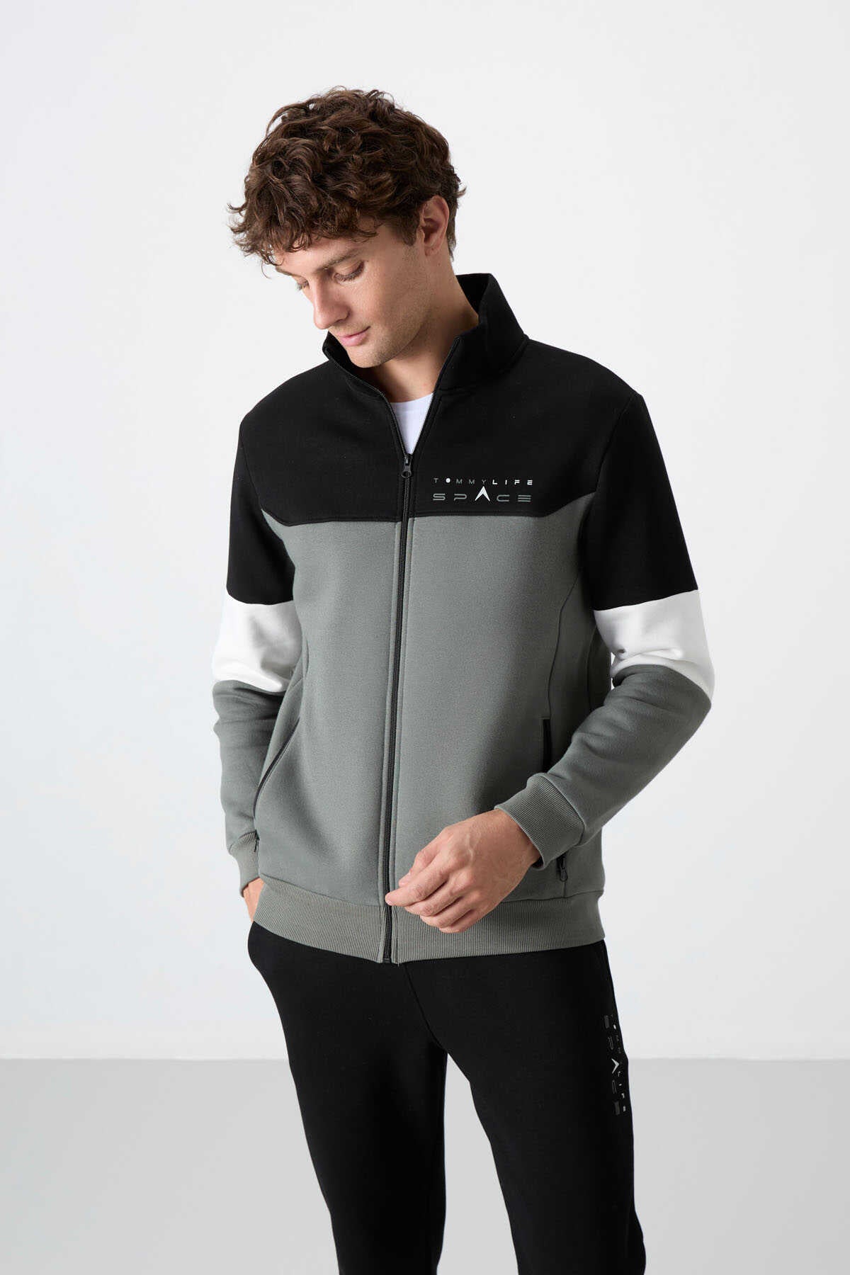 Tommylife Toptan Standart Kalıp Fermuarlı Sweat Erkek Eşofman Takım 85186 Çağla - Siyah