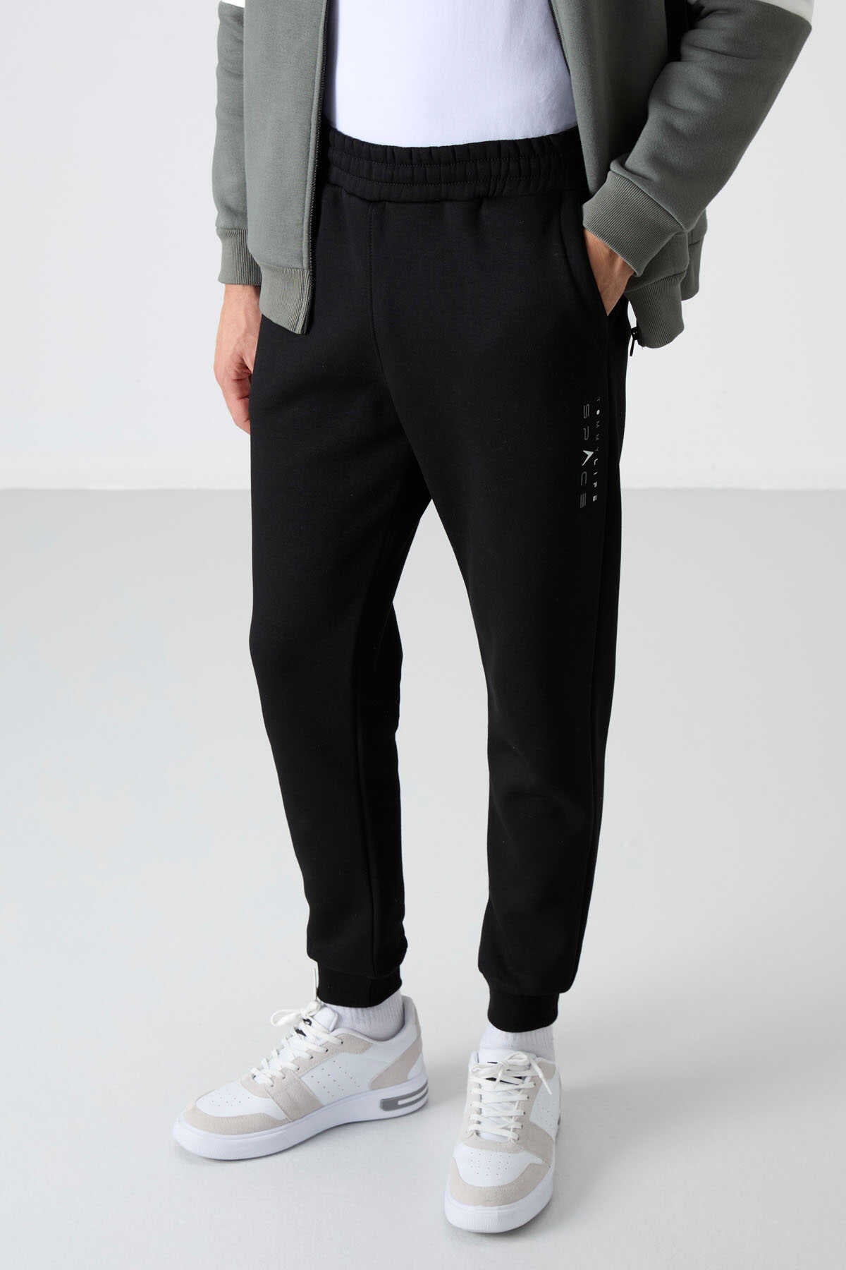 Tommylife Toptan Standart Kalıp Fermuarlı Sweat Erkek Eşofman Takım 85186 Çağla - Siyah