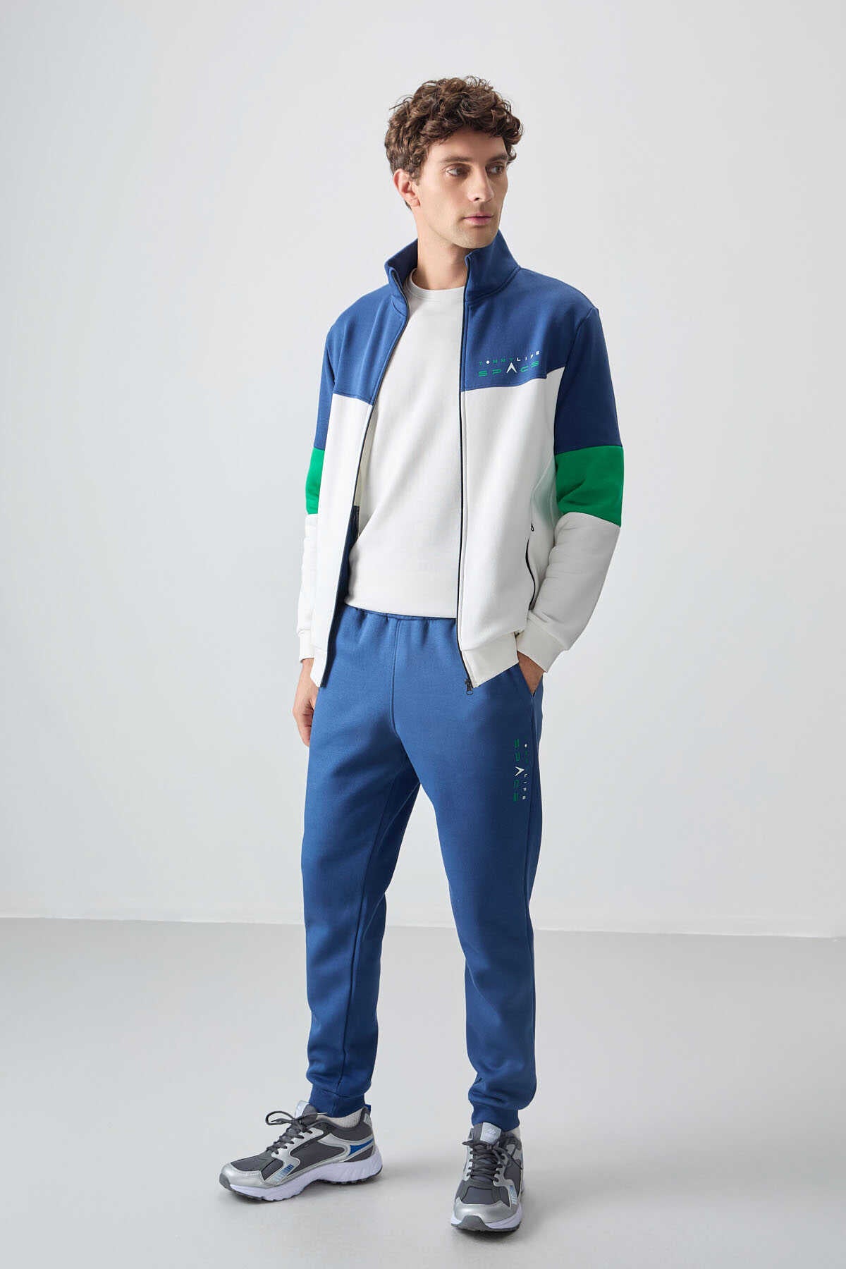 Tommylife Toptan Standart Kalıp Fermuarlı Sweat Erkek Eşofman Takım 85186 Ekru - İndigo
