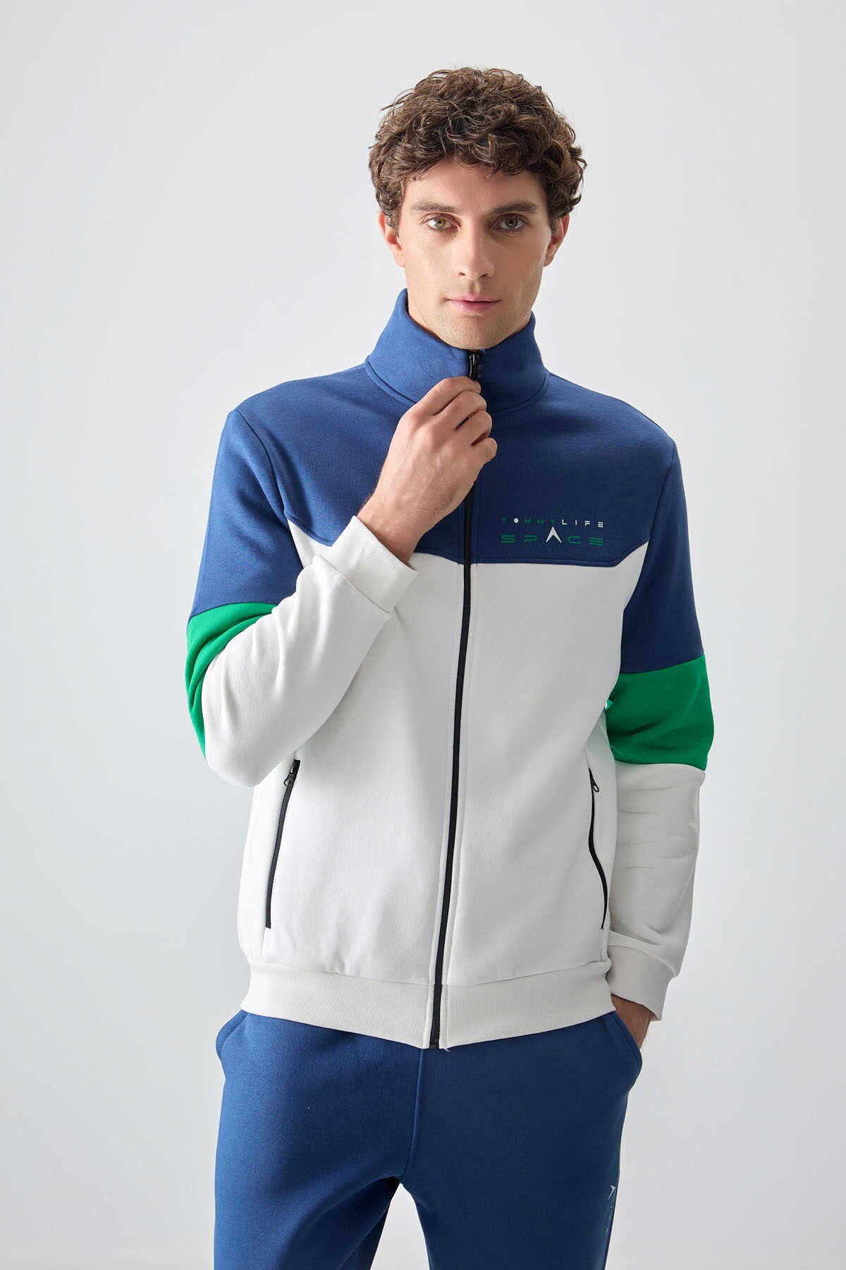 Tommylife Toptan Standart Kalıp Fermuarlı Sweat Erkek Eşofman Takım 85186 Ekru - İndigo