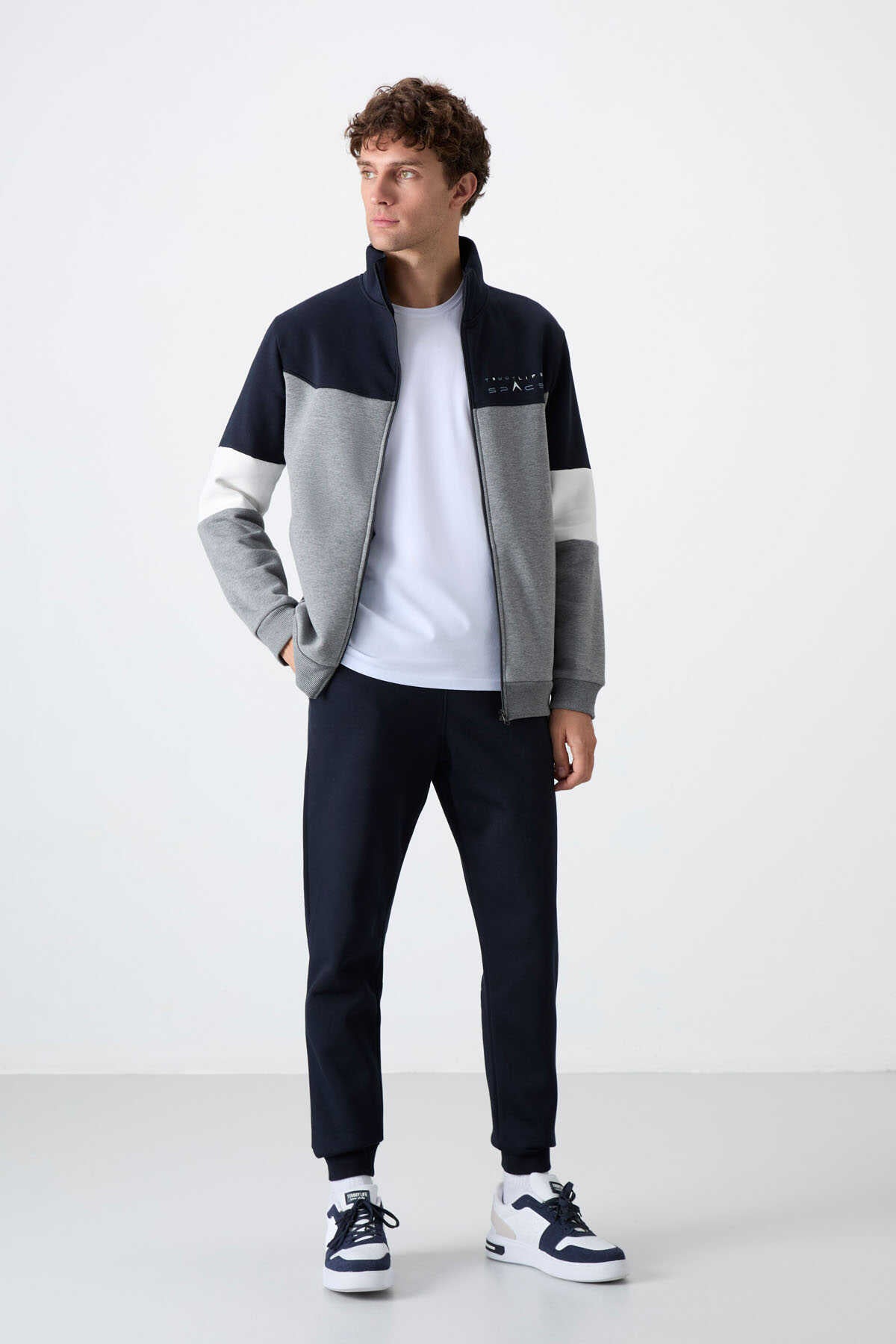 Tommylife Wholesale Hanorac cu Fermoar Standard Fit pentru Bărbați, Set Trening 85186 Gri Melange - Albastru Bleumarin