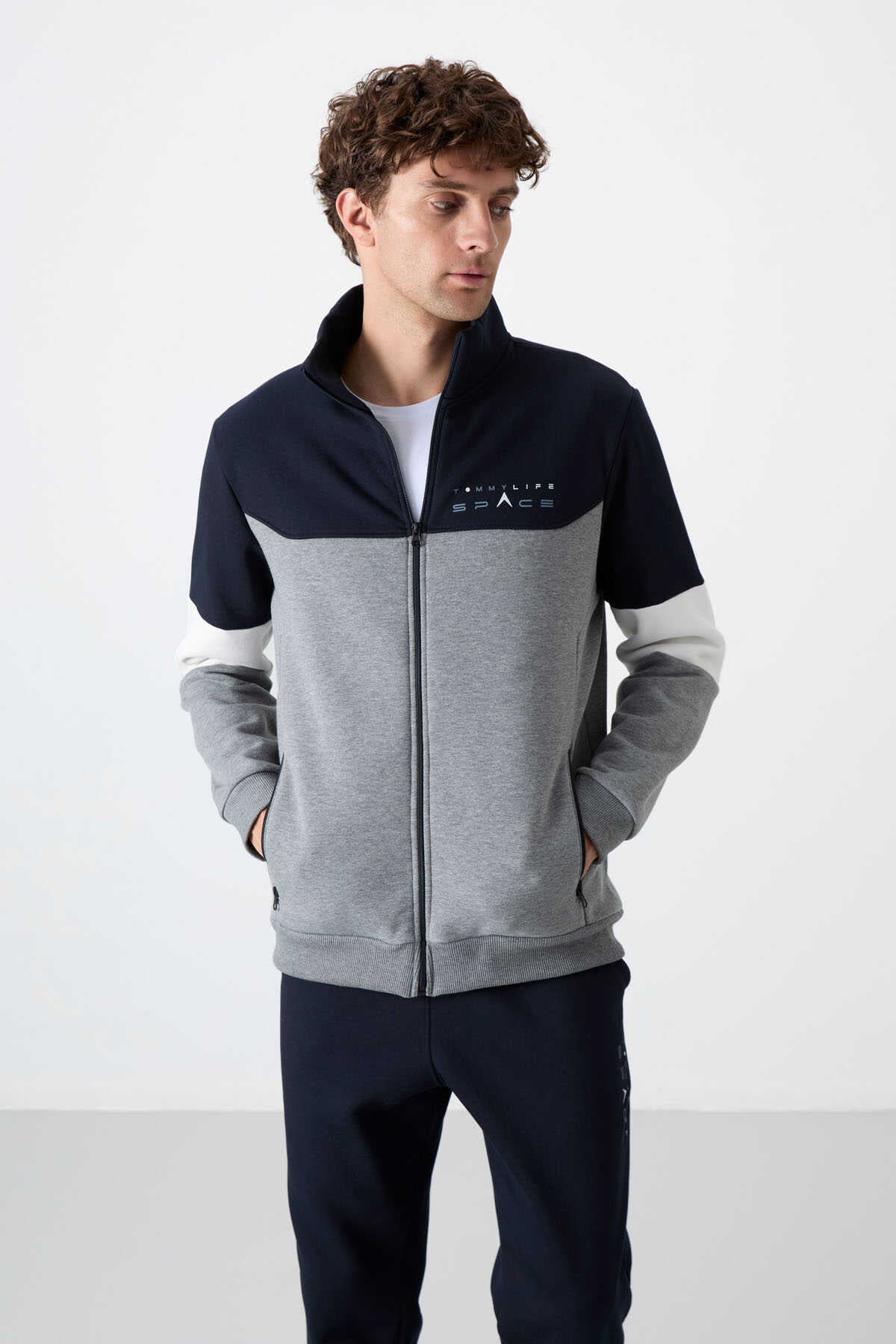 Tommylife Toptan Standart Kalıp Fermuarlı Sweat Erkek Eşofman Takım 85186 Gri Melanj - Lacivert