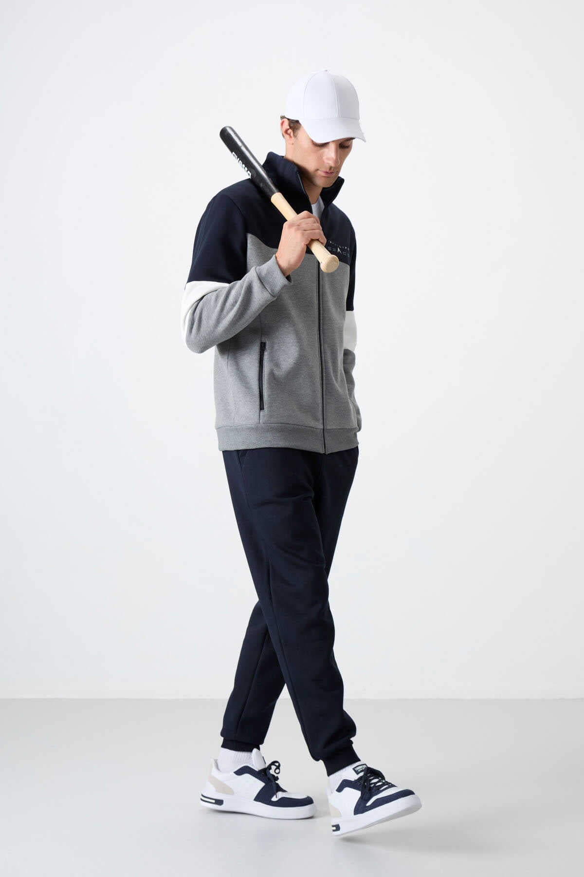 Tommylife Toptan Standart Kalıp Fermuarlı Sweat Erkek Eşofman Takım 85186 Gri Melanj - Lacivert