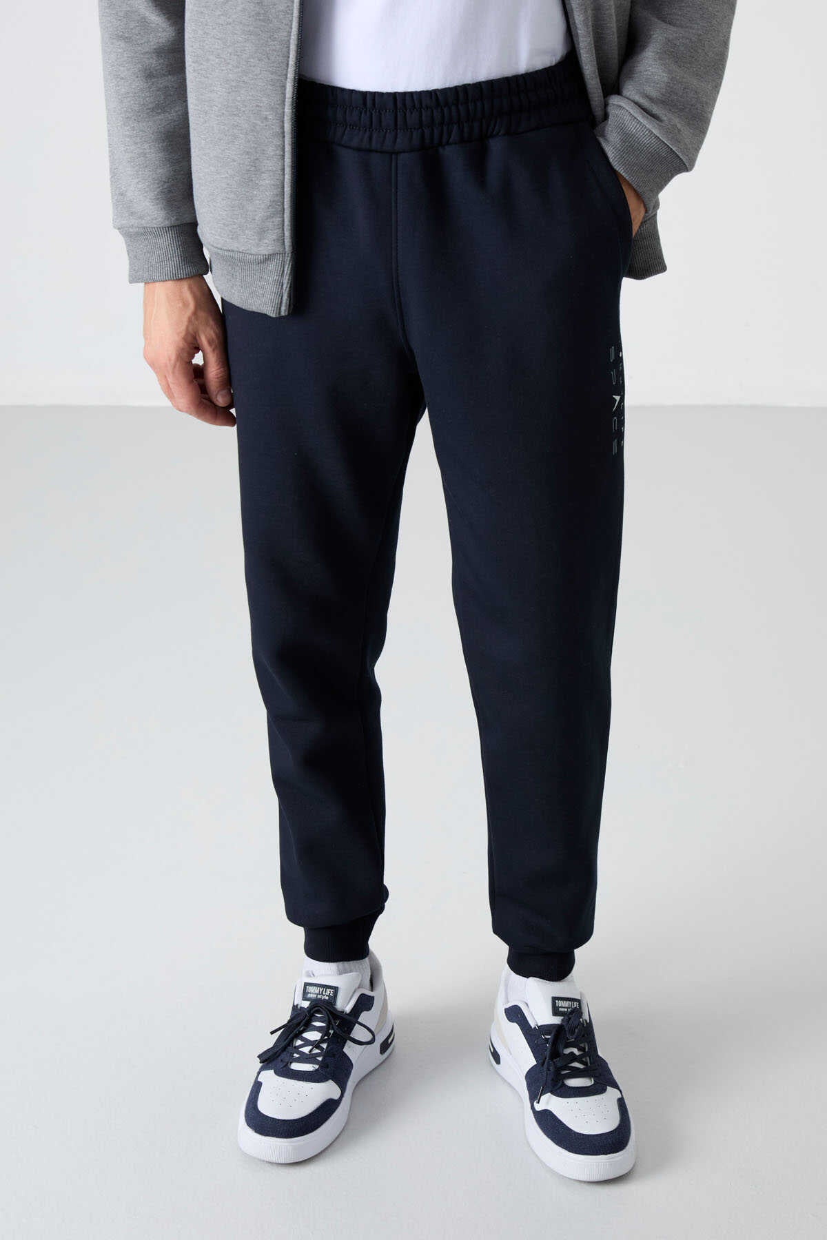 Tommylife Toptan Standart Kalıp Fermuarlı Sweat Erkek Eşofman Takım 85186 Gri Melanj - Lacivert