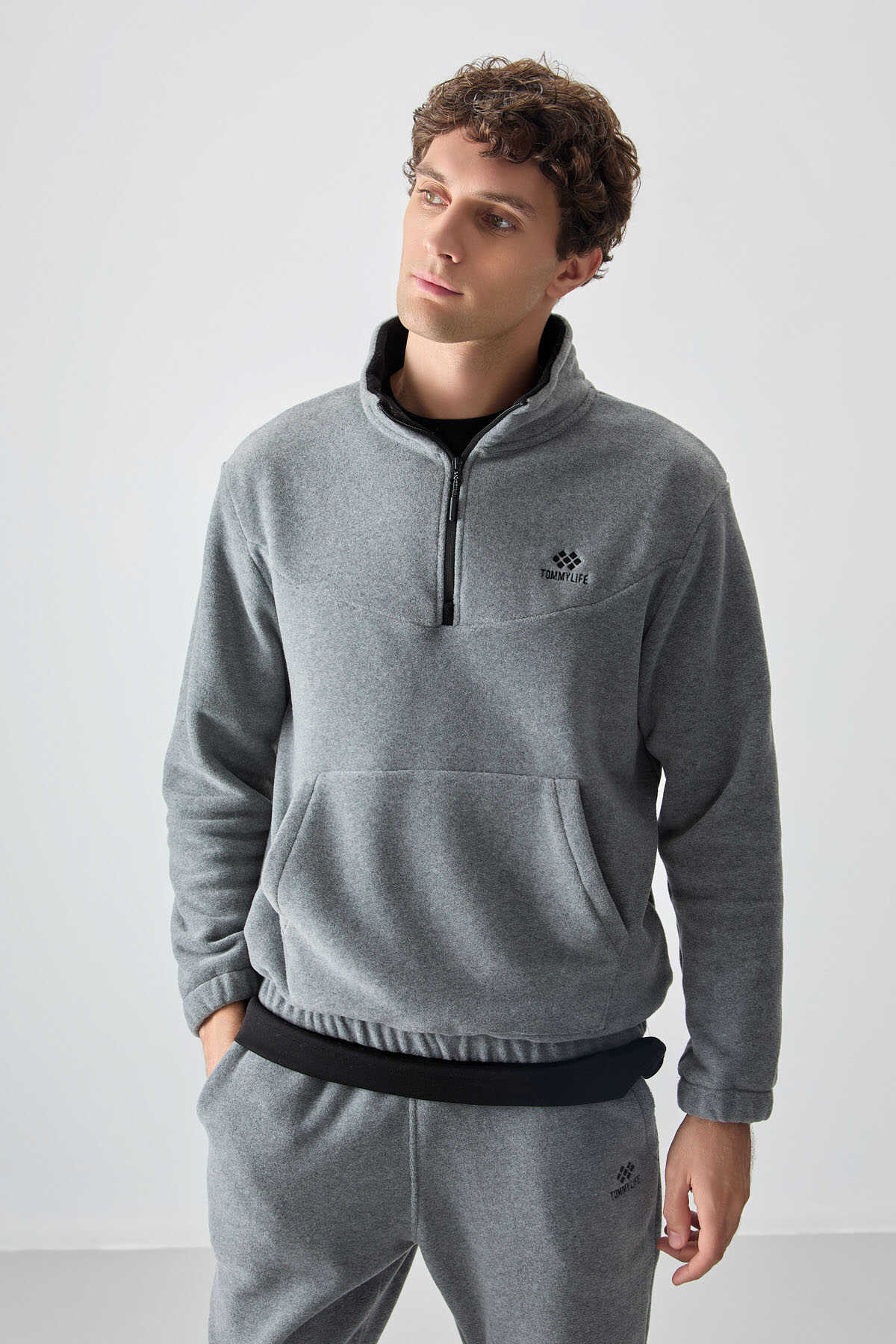 Set trening pentru bărbați din fleece cu fermoar pe jumătate, croială standard, Tommylife Wholesale, 85159, gri melanj