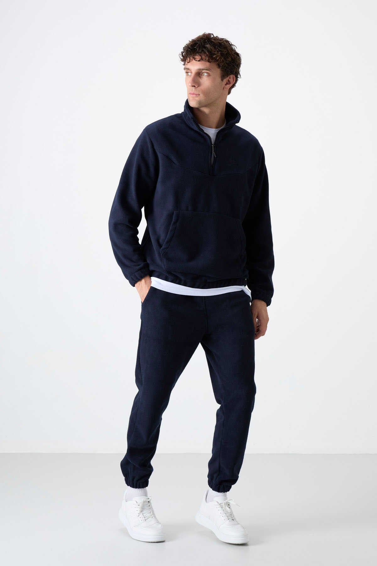 Set trening pentru bărbați Tommylife Wholesale, croială standard, cu fermoar pe jumătate, din fleece, 85159, bleumarin