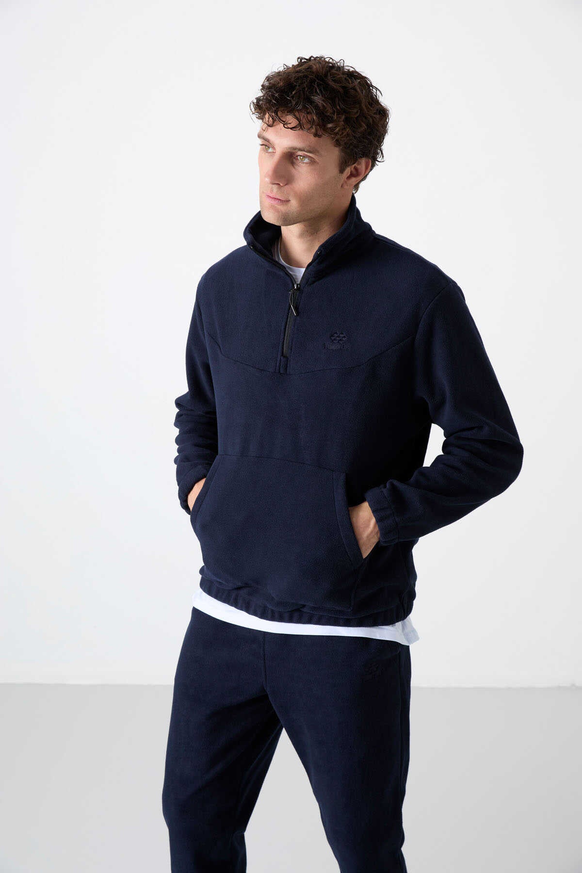 Set trening pentru bărbați Tommylife Wholesale, croială standard, cu fermoar pe jumătate, din fleece, 85159, bleumarin