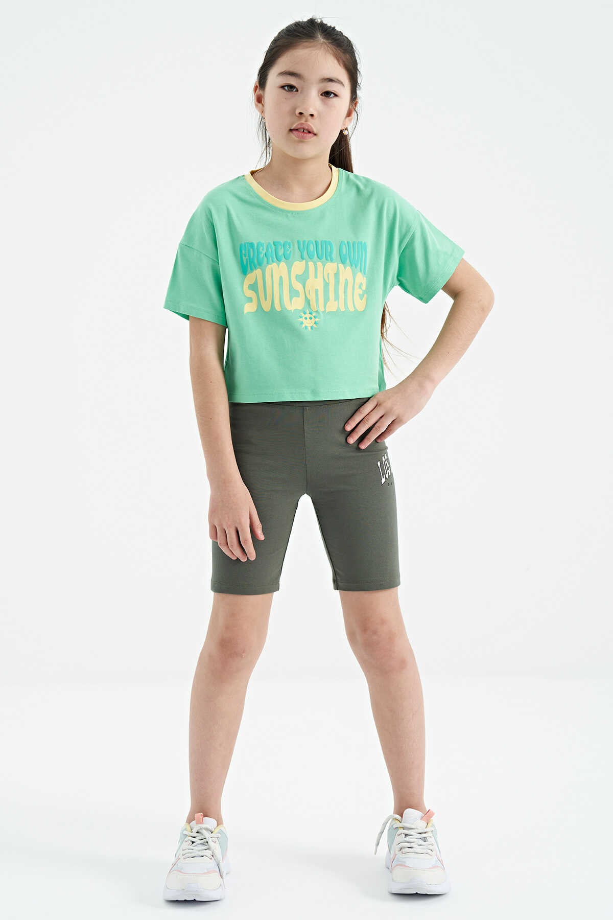 Tommylife Toptan Su Yeşili Renkli Yazı Baskılı O Yaka Oversize Kısa Kollu Kız Çocuk T-Shirt - 75111