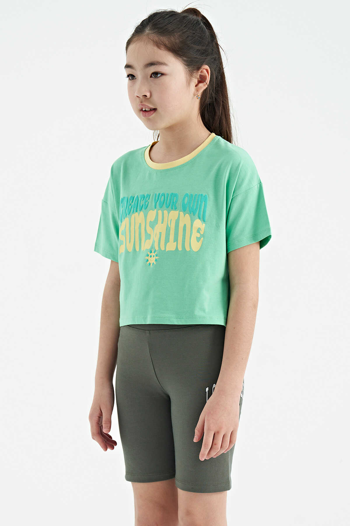 Tommylife Toptan Su Yeşili Renkli Yazı Baskılı O Yaka Oversize Kısa Kollu Kız Çocuk T-Shirt - 75111