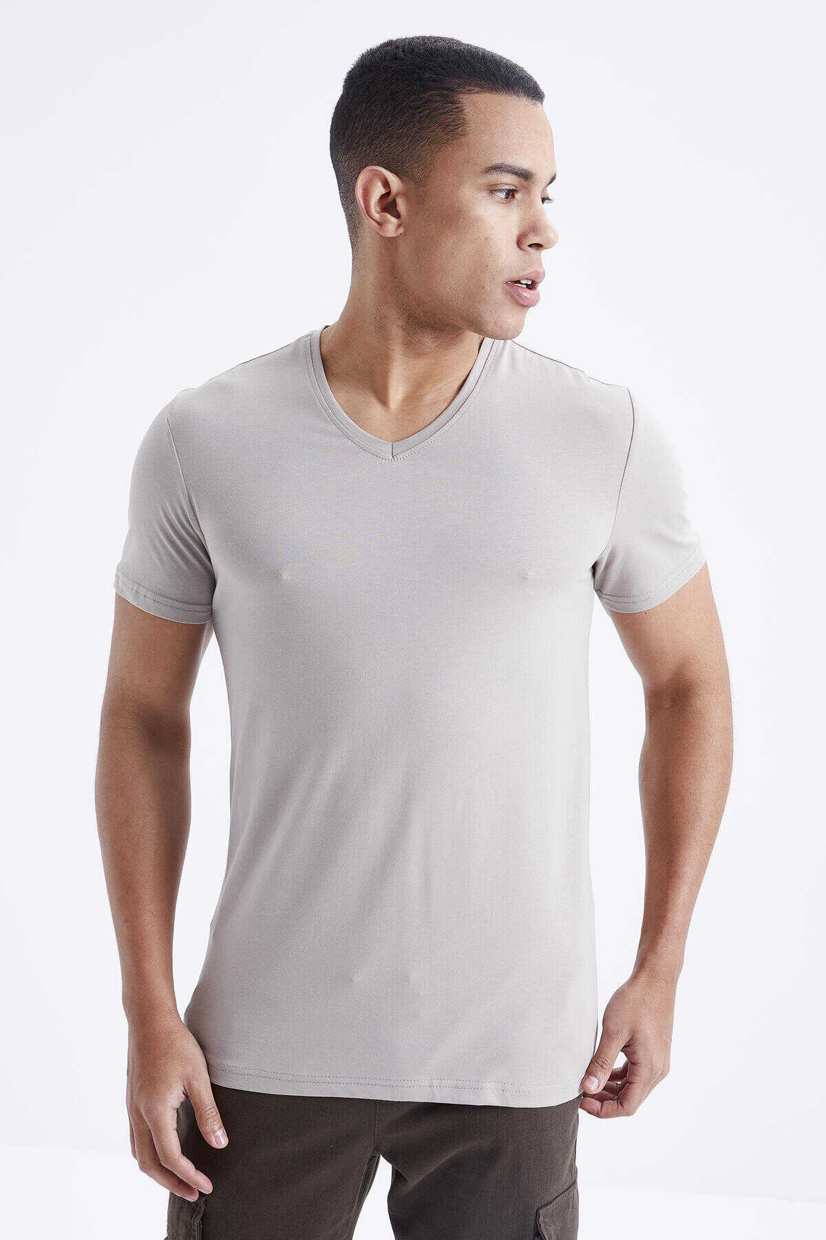 Tricou bărbătesc Tommylife Wholesale cu decolteu în V, croială standard, de bază, 87912, bej închis