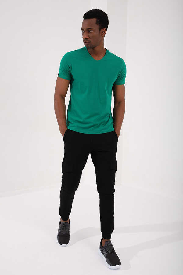 Tommylife Toptan V Yaka Standart Kalıp Basic Erkek T-Shirt 87912 Koyu Yeşil