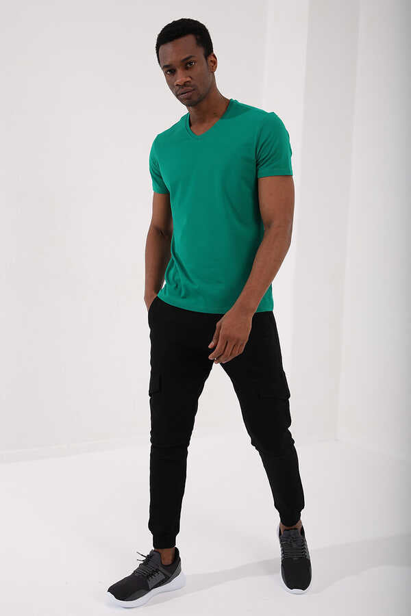 Tricou bărbătesc Tommylife Wholesale cu decolteu în V, croială standard, de bază, 87912, verde închis