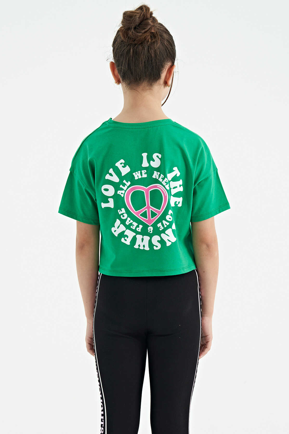 Tommylife Toptan Yeşil Ön Arka Baskılı O Yaka Düşük Omuz Oversize Kısa Kollu Kız Çocuk T-Shirt - 75126