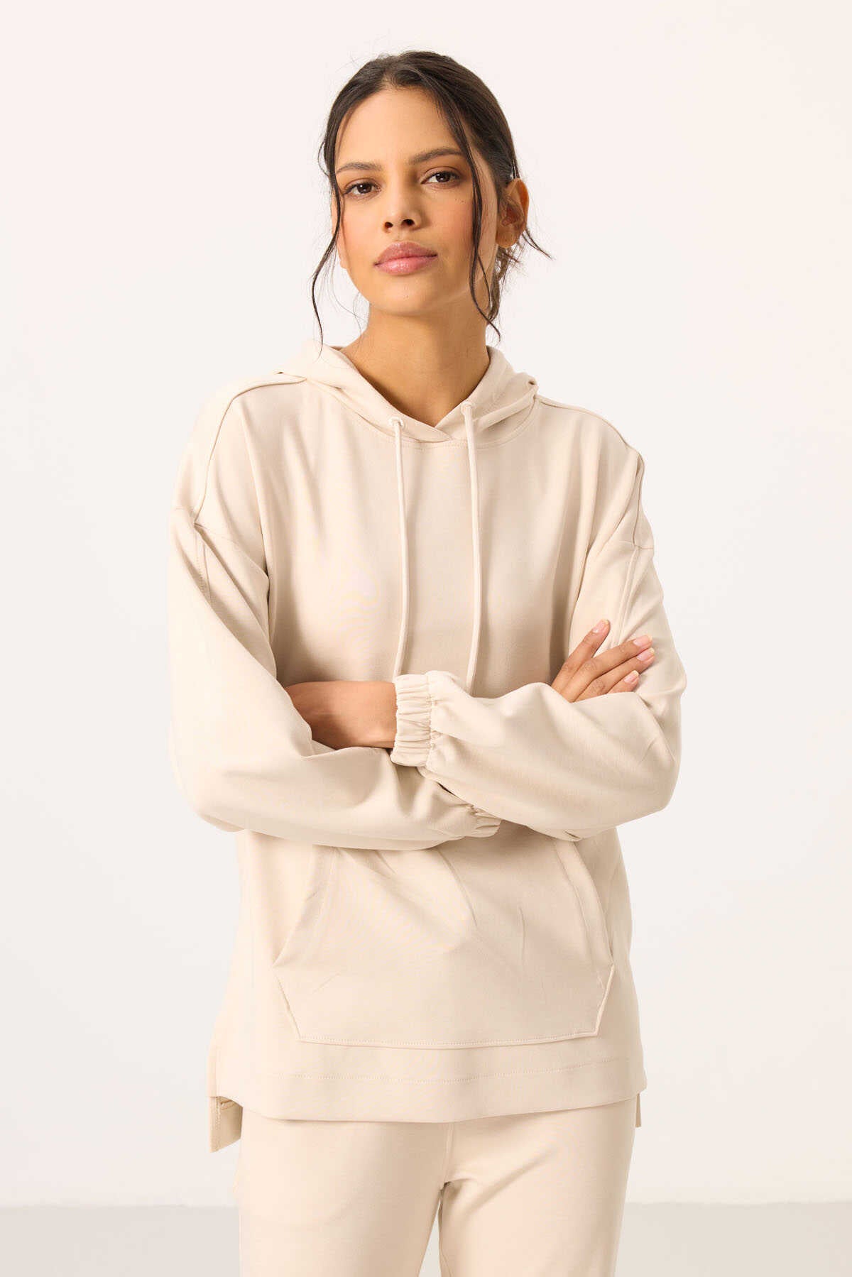 Tommylife Toptan Yumuşak Dokulu Kapüşonlu Oversize Kadın Eşofman Tunik Takım - 95348 Bej