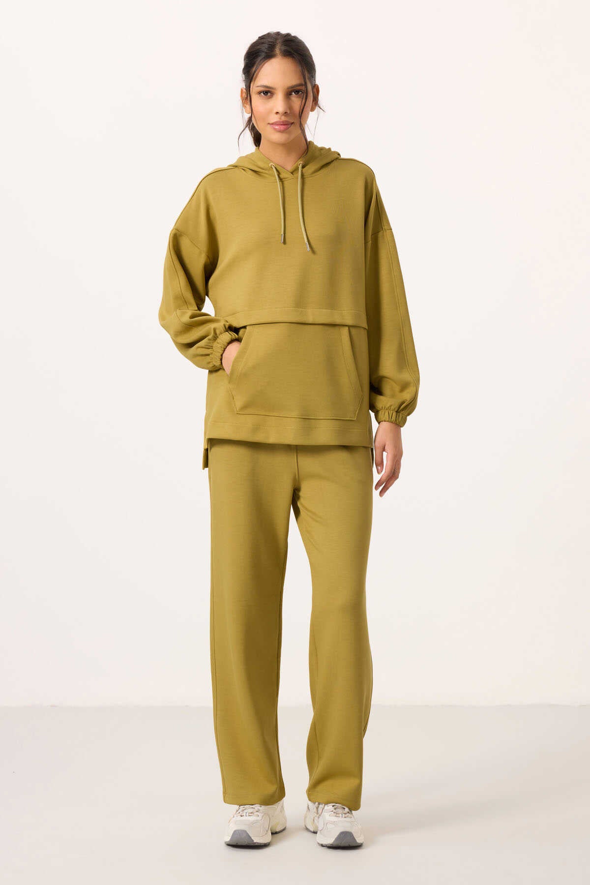 Tommylife Toptan Yumuşak Dokulu Kapüşonlu Oversize Kadın Eşofman Tunik Takım - 95348 Koyu Hardal