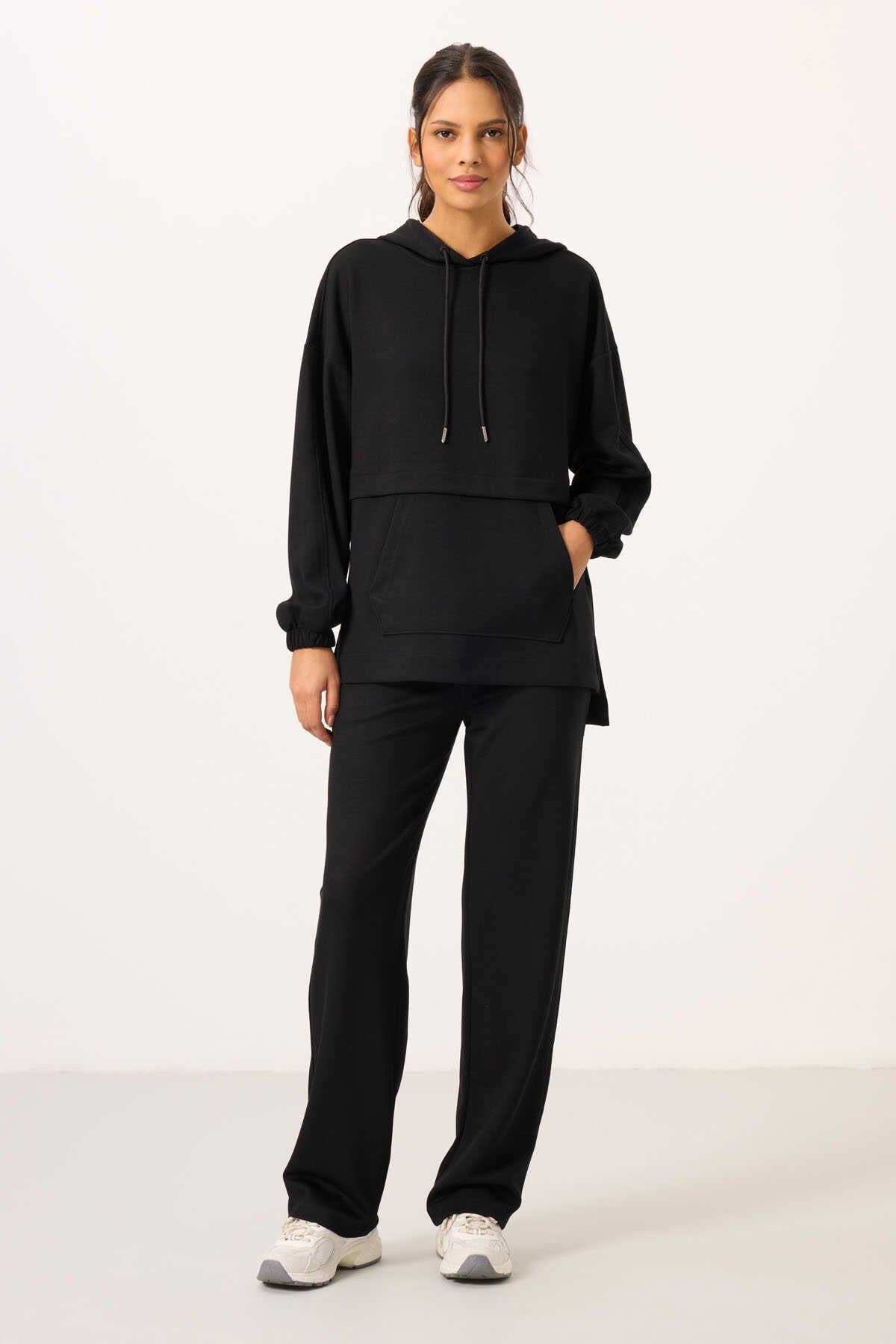 Tommylife Toptan Yumuşak Dokulu Kapüşonlu Oversize Kadın Eşofman Tunik Takım - 95348 Siyah