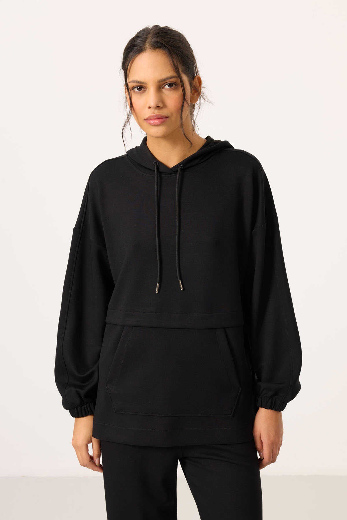 Tommylife Toptan Yumuşak Dokulu Kapüşonlu Oversize Kadın Eşofman Tunik Takım - 95348 Siyah
