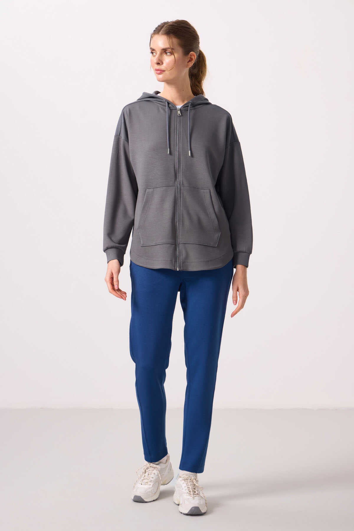 Tommylife Toptan Pufos Texturat Gluga Oversize Femeie Tunica Sweatshirt - 97302 Gri Inchis